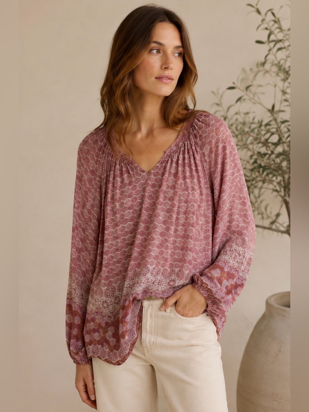 Garnet Hill Silk Boho Peasant Blouse Pink Print Bishop Sleeve Size S